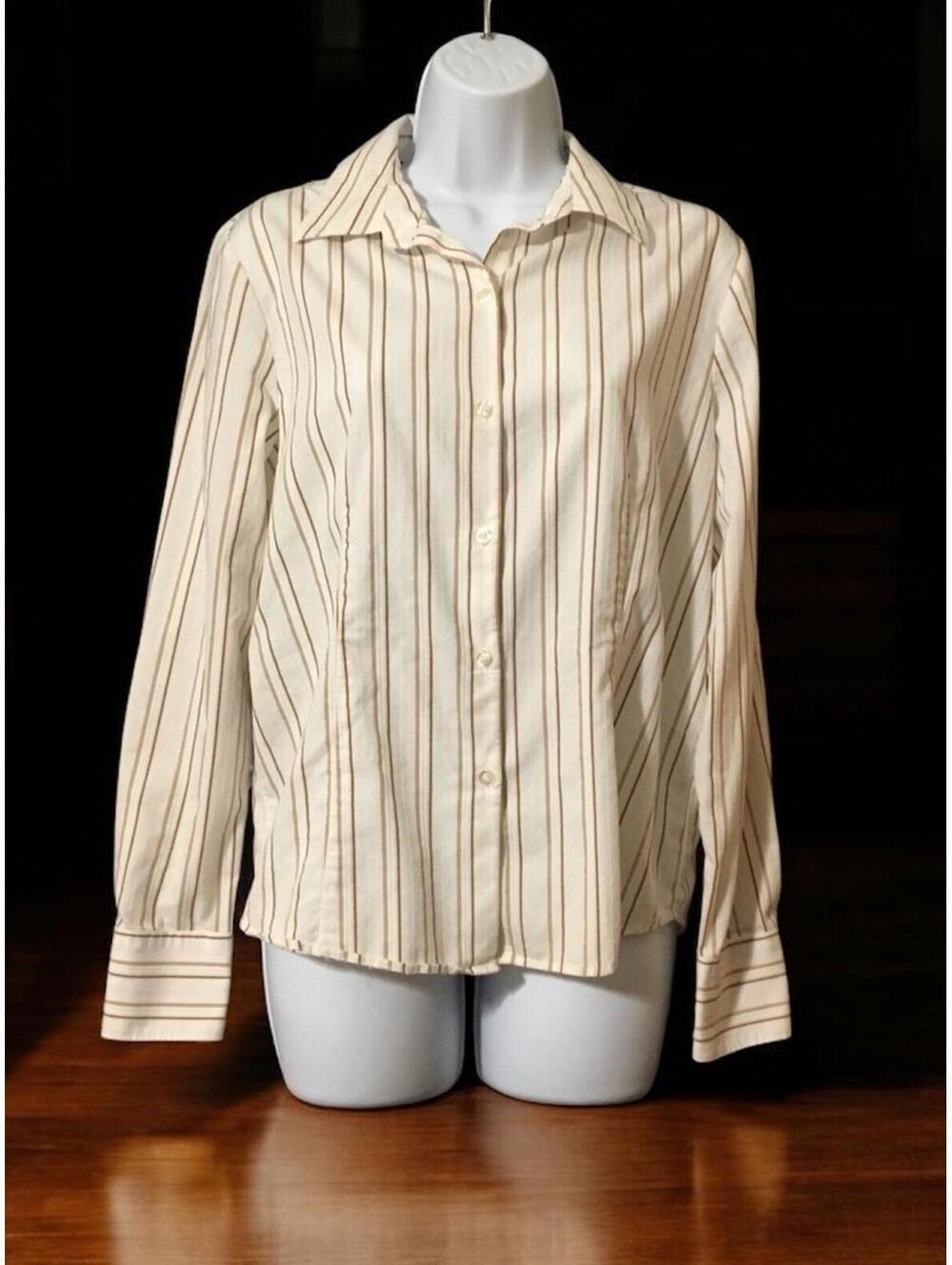 Women George White/Tan Striped Long Sleeve Button Up Cotton Blend Blouse Sz M